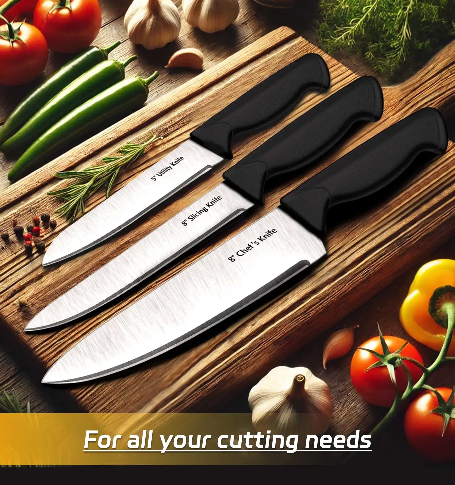 HENKELIVING Knife Set, 6-Piece Professional Kitchen Knife Set with Durable Knife Block, Rust-Resistant & Ergonomic Handle, Black