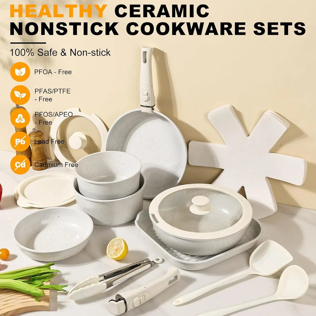 TIBBICC 20-Piece Nonstick Cookware Set – Detachable Handle, Space Saving, Non-Toxic, Less than $10 Each Pot, Perfect Gift