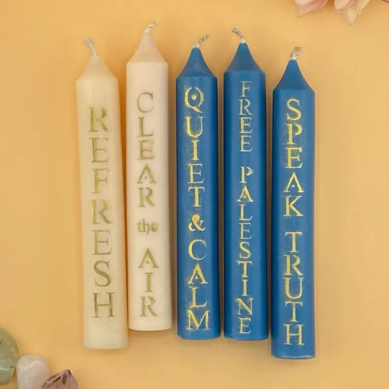 Color Magic Soy Wax Taper Spell Candle with Bold Hand Stenciled Mica Inscription