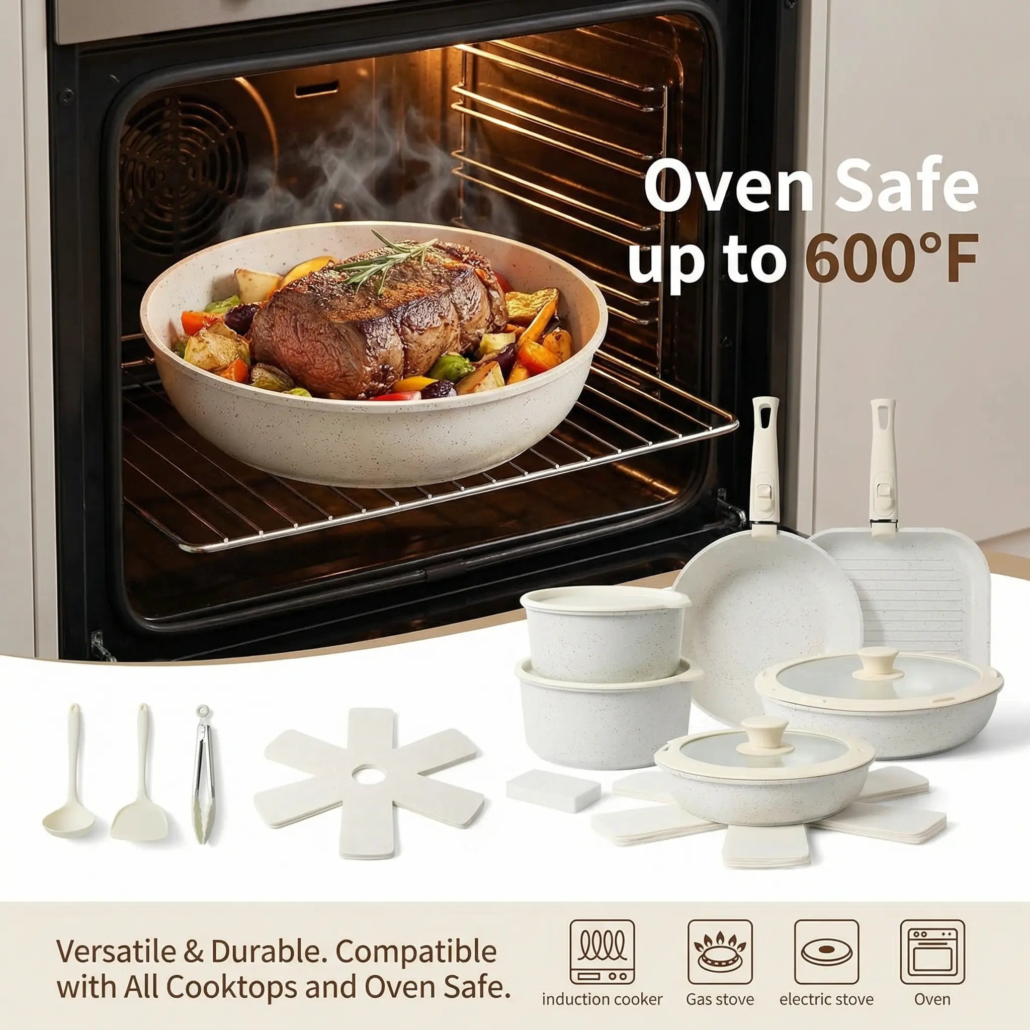 TIBBICC 20-Piece Nonstick Cookware Set – Detachable Handle, Space Saving, Non-Toxic, Less than $10 Each Pot, Perfect Gift