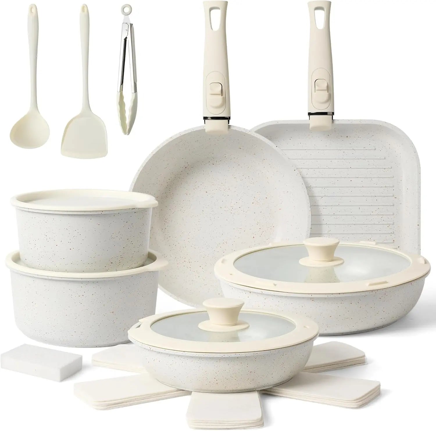 TIBBICC 20-Piece Nonstick Cookware Set – Detachable Handle, Space Saving, Non-Toxic, Less than $10 Each Pot, Perfect Gift