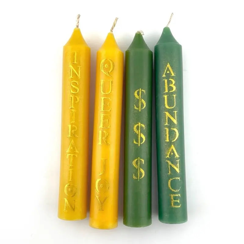 Color Magic Soy Wax Taper Spell Candle with Bold Hand Stenciled Mica Inscription