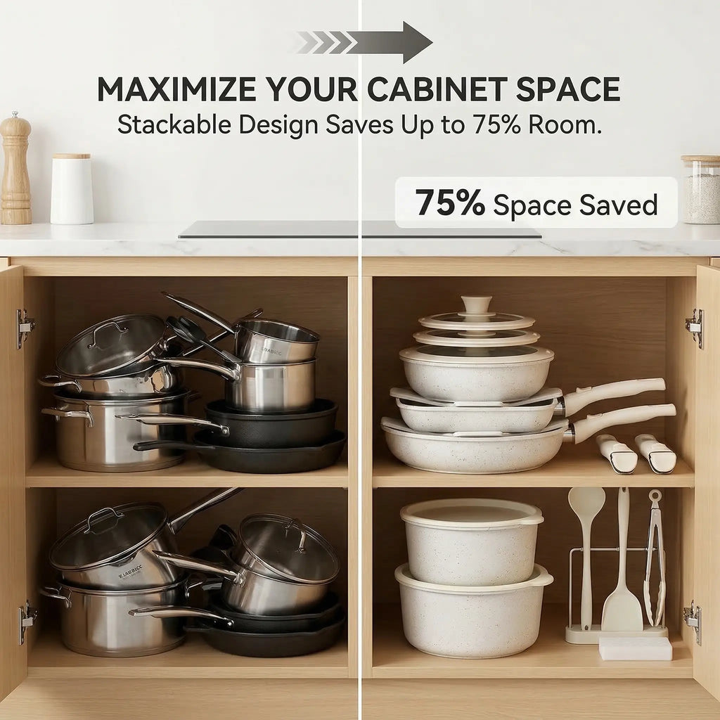 TIBBICC 20-Piece Nonstick Cookware Set – Detachable Handle, Space Saving, Non-Toxic, Less than $10 Each Pot, Perfect Gift