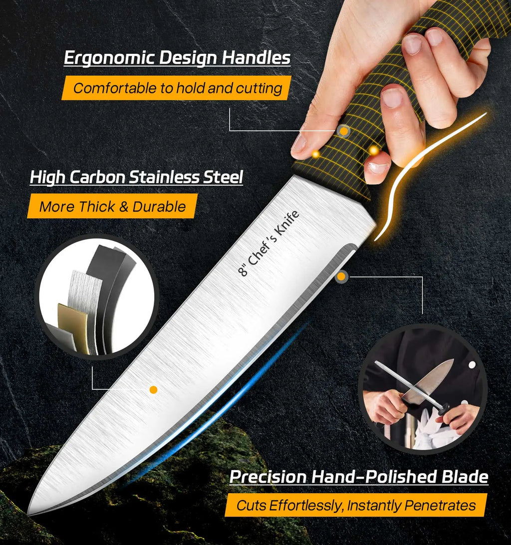 HENKELIVING Knife Set, 6-Piece Professional Kitchen Knife Set with Durable Knife Block, Rust-Resistant & Ergonomic Handle, Black