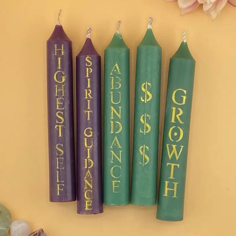 Color Magic Soy Wax Taper Spell Candle with Bold Hand Stenciled Mica Inscription