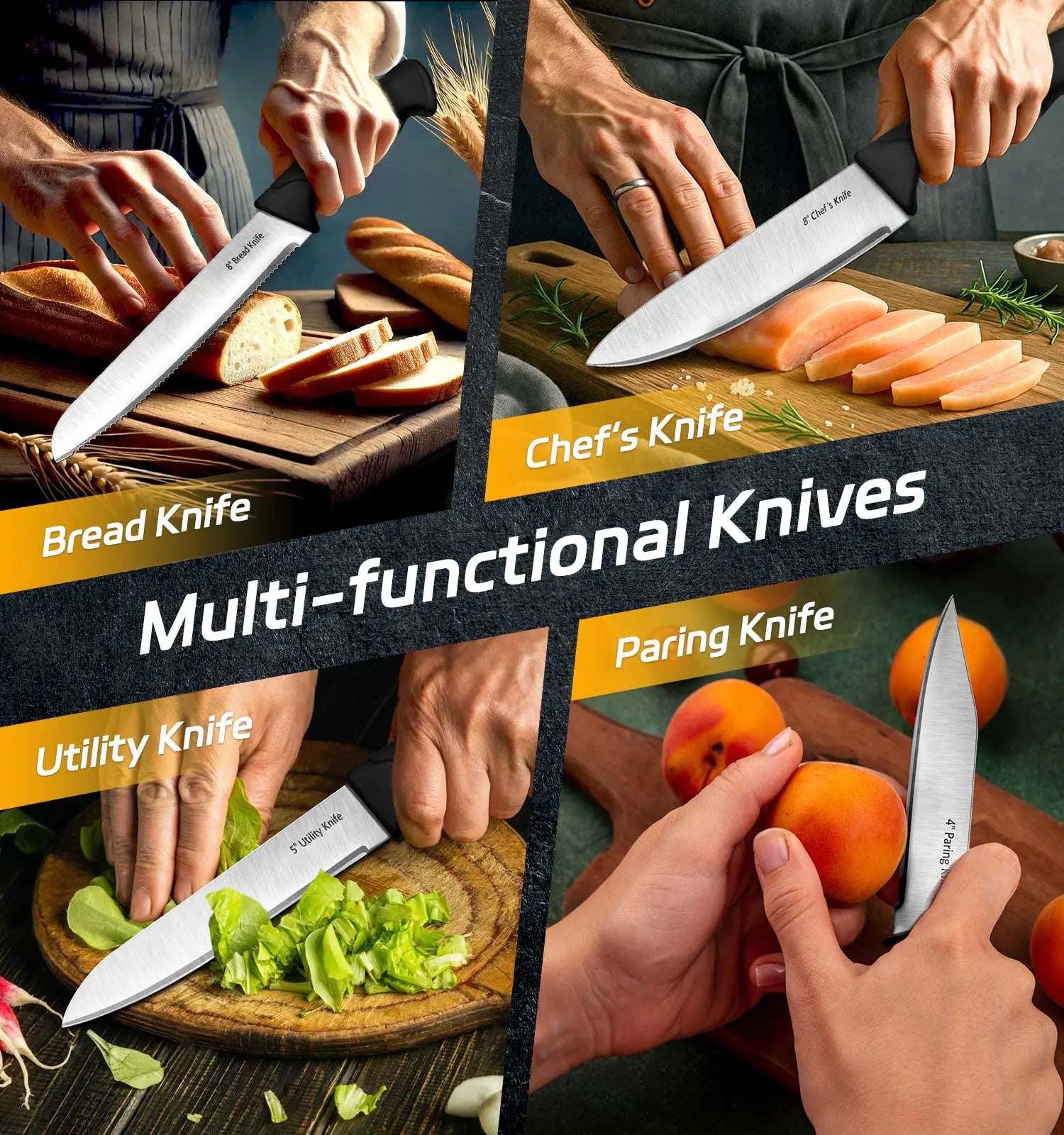 HENKELIVING Knife Set, 6-Piece Professional Kitchen Knife Set with Durable Knife Block, Rust-Resistant & Ergonomic Handle, Black