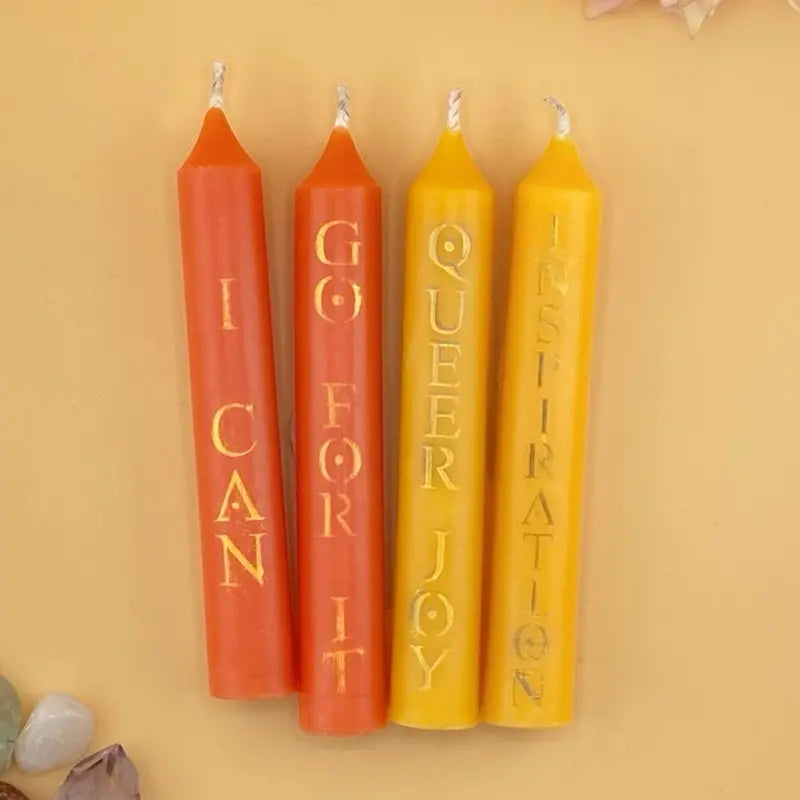 Color Magic Soy Wax Taper Spell Candle with Bold Hand Stenciled Mica Inscription