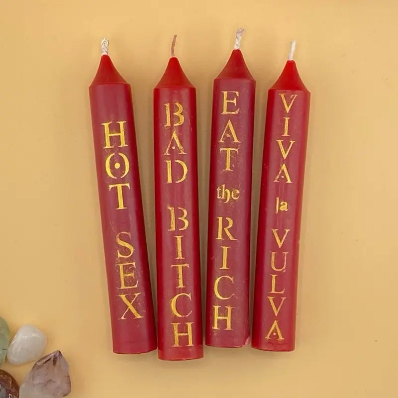 Color Magic Soy Wax Taper Spell Candle with Bold Hand Stenciled Mica Inscription